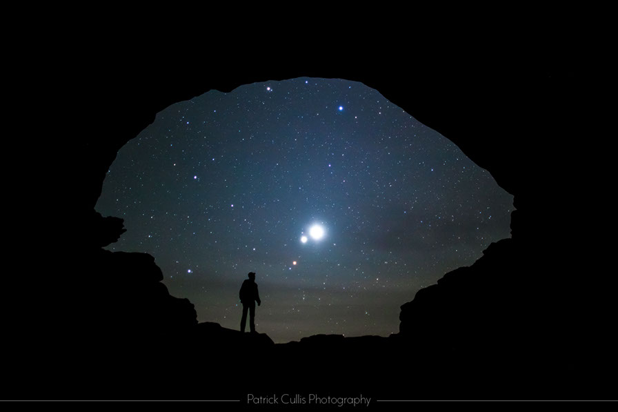 Silhouette of Patrick Cullis in North Window Arches National Park with Venus, Jupiter, and Mars.