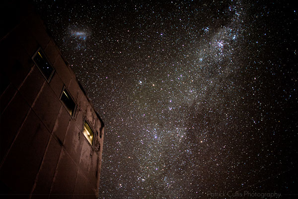 The corner of the Amundsen-Scott Station at the South Pole, Antarctica.&nbsp; Stars in the sky above.