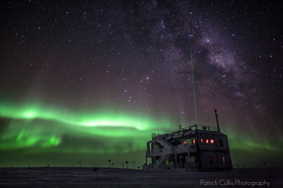 NOAA's Atmospheric Research Observatory (ARO) at the South Pole under the milky way and aurora.