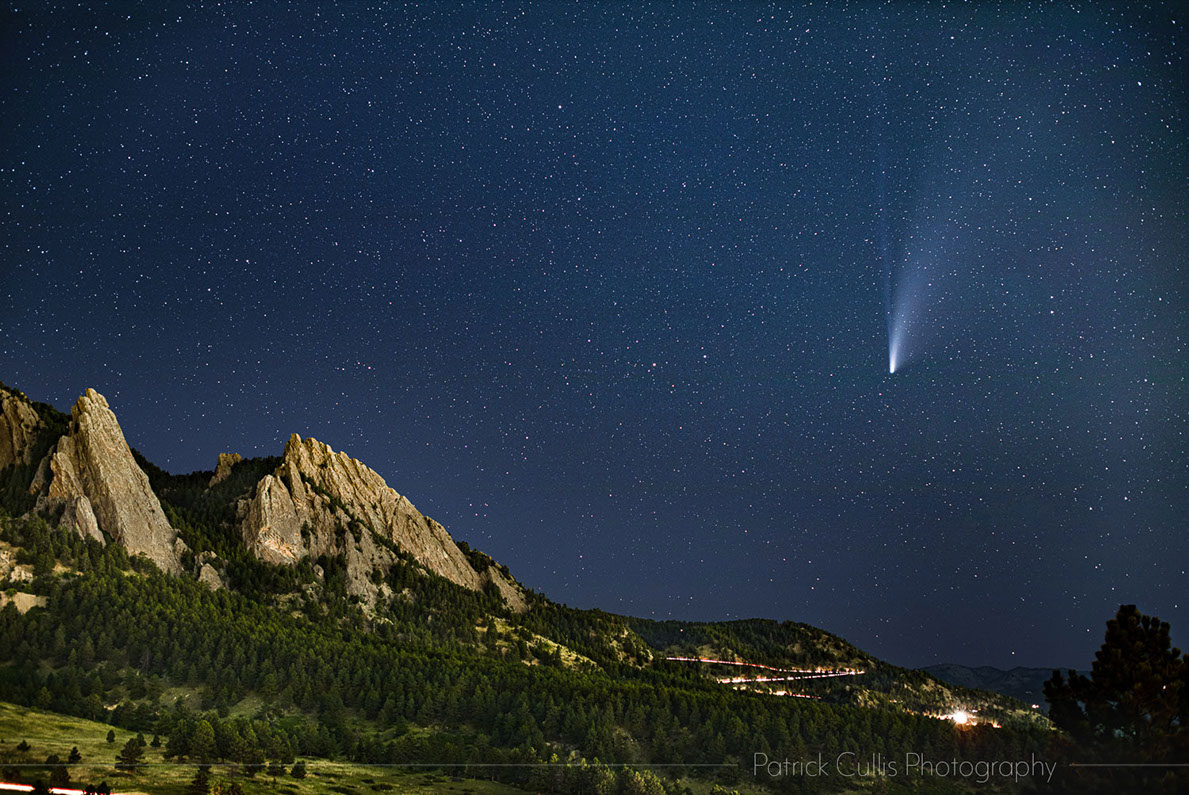 Comet Neowise above the Flatirons of Boulder, Colorado. Night photography by Patrick Cullis